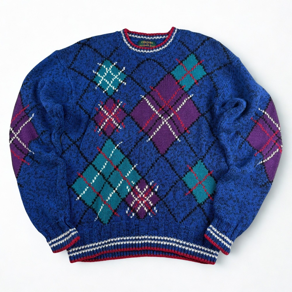 Vintage Colours by Alexander Julian Sweater Mens L Blue Argyle Linen Cotton